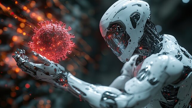 Futuristic humanoid robot interacting with a glowing virus in a high-tech environment
