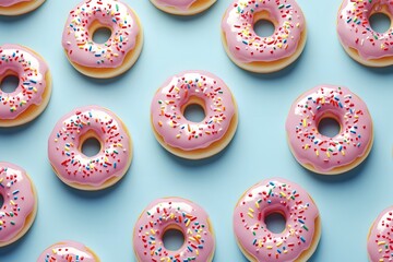 A seamless pattern with pink doughnuts, their glossy surfaces adorned with colorful sprinkles, against a pastel blue background