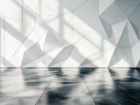 Geometric wall and floor: a modern architectural space featuring white angular wall design with reflective tile floor. Interior aesthetics.