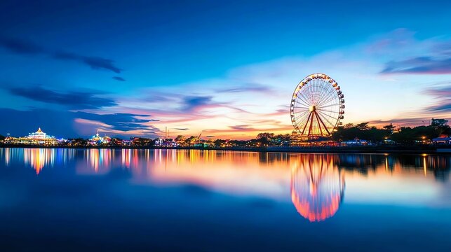 Ferris wheel reflected in a lake at twilight, warm glowing lights, romantic and peaceful amusement park view