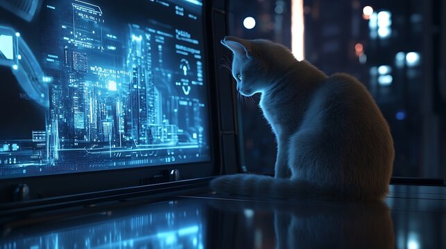 A curious white cat gazing intently at a futuristic digital display filled with glowing blue data and holographic elements in a nighttime city environment - Powered by Adobe
