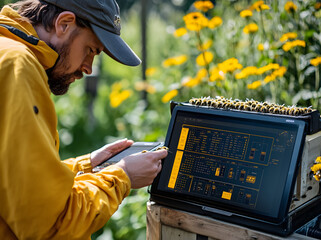 AI-Powered Smart Beehive with Advanced Monitoring Sensors Tracking Bee Activity and a Beekeeper Reviewing Hive Health Data on a Tablet for Sustainable Beekeeping and Precision Farming