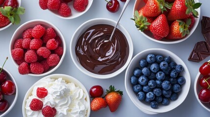 A delightful dessert spread with bowls of fresh strawberries, raspberries, cherries, and blueberries, served alongside chocolate fondue and whipped cream.