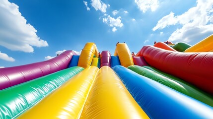 Giant inflatable slide with kids joyfully descending, vibrant colors, highenergy and playful amusement experience