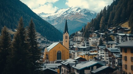 Fototapeta premium The mountain resort town of Davos, surrounded by towering peaks and lush forests, famous for winter sports and beautiful landscapes.