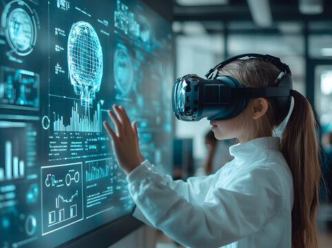 Advanced Classroom Technology Featuring a primary school student wearing VR headsets in futuristic classroom with AI-Powered Large Monitors Assisting Students
