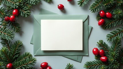 Obraz premium Christmas Card Mockup with Evergreen Branches and Red Berries. Holiday Greeting Card Template. Festive Flat Lay. Winter Stationery Design.