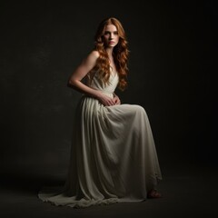 Fototapeta premium Elegant Portrait of a Woman in White Dress - Classical Photography for Fashion and Art Concepts