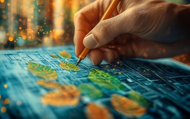 Naklejka premium A realistic hand sketching a sustainable blueprint with renewable energy grids, ecoarchitecture, and innovative conservation methods, photorealistic, soft natural tones