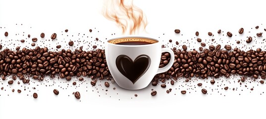 Steaming Coffee Cup with Heart and Coffee Bean Heartbeat on White Background, Minimalist Design