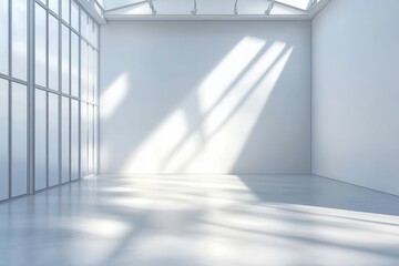 Obraz premium minimalist white gallery space with dramatic shadows, pristine corner intersection, natural light streaming through hidden skylights