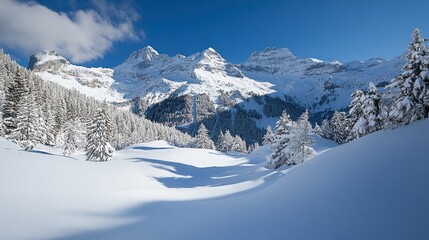 The pristine snow-covered slopes of the Swiss Alps, ideal for skiing and offering a picturesque winter wonderland experience.