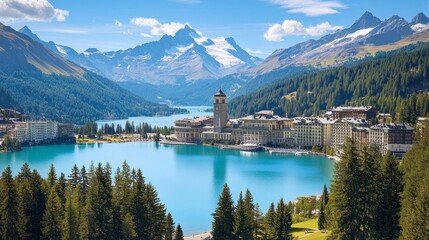 The serene St. Moritz with its turquoise lake, pristine mountains, and luxury resorts, perfect for both winter and summer getaways.