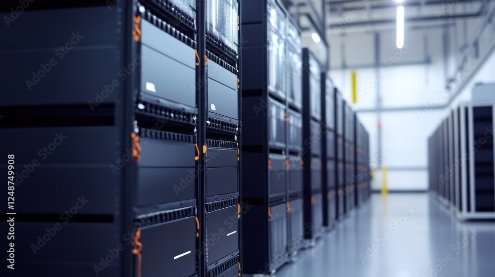 Poster high tech facility featuring rows of modern data servers, showcasing advanced technology and efficie