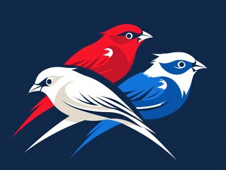 Fototapeta premium Colorful Illustration of Birds in Red, White, and Blue Against a Dark Background for Creative Use