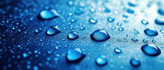 Macro Photography of Water Droplets on a Blue Background Capturing Reflections and Textures in Vibrant Detail for Artistic Use