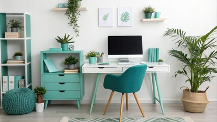 Professional Workspace with Teal and Green Decor, calm environment, desk lamp, productivity software, professional workspace