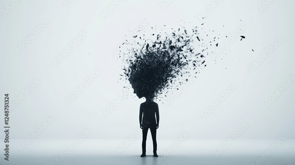 Poster silhouette of a person stands with their head exploding into fragments, symbolizing mental overload,