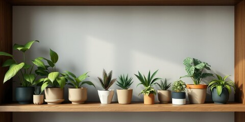 Potted plants on a wooden shelf or bookcase with different shapes and sizes arranged randomly, wooden shelves, indoor plants
