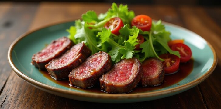 Platter of sliced beef short ribs with alface salad on a wooden table, dish, alface, beef