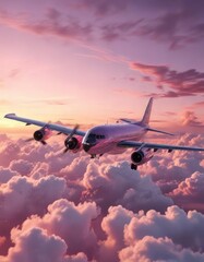 Plane flying in the fading light of a pink sunset with clouds in the background , travel, airplane