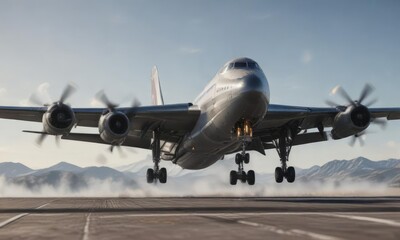 Fototapeta premium Plane's engines fade away as it touches down softly, aircraft, airplane landing, soft landing