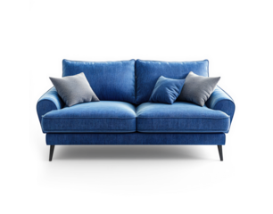 Modern Blue Fabric Sofa with Cushions on transparent background