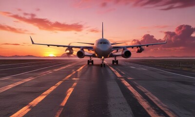 Fototapeta premium Plane approaching runway with fiery orange and pink hues of sunset in background, landing plane in orange pink hue, airplane on runway at golden time, aircraft touching down during golden hour