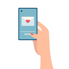 Female hand holding a phone with a love letter on the screen, online love messaging