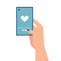 Woman pressing a send button on a smartphone, hand holding a phone, messaging, love, relationships online
