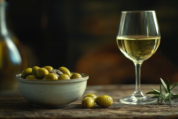 Wine glass and olives on rustic wooden table. Neural network AI generated
