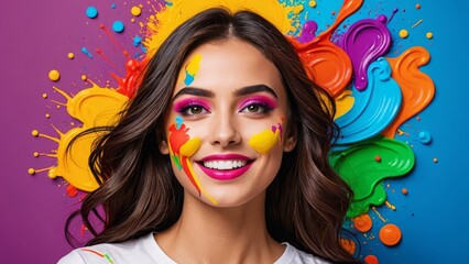 Obraz premium A smiling woman with colorful paint on her face, surrounded by vibrant paint splashes