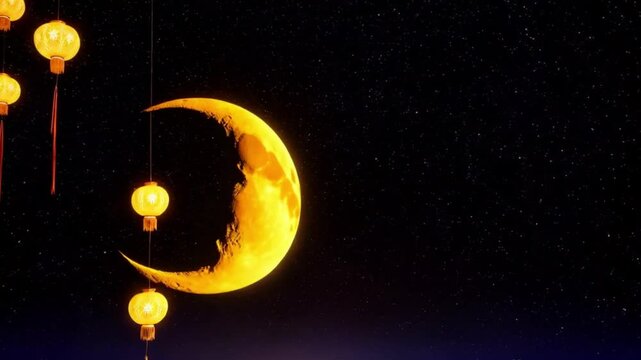 Golden Crescent Moon Night: 3D Lanterns & Sparkling Stars Dreamy Celestial Art dark glow space light