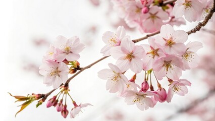 Pastel pink cherry blossoms against a soft white background, tree, peaceful, spring, petals