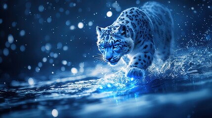 A majestic snow leopard prowls through a shimmering blue environment, creating splashes in the water, evoking a sense of mystery and elegance.