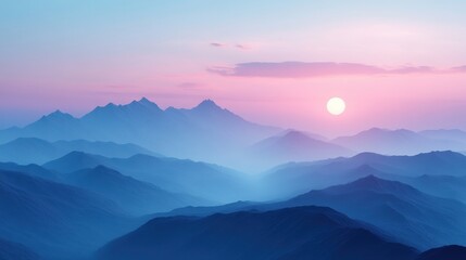 Obraz premium Pink sunset over misty blue mountains; serene landscape, ideal for travel/nature websites