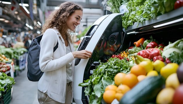 Woman using smart shopping cart in grocery store aisle