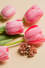 handmade beetle brooch with pink bottom tulips