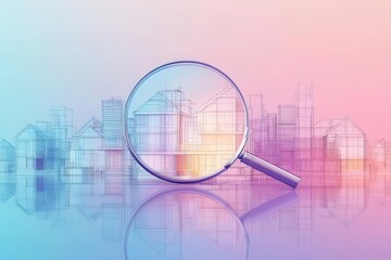 Obraz premium modern minimalist cityscape with floating houses under magnifying glass, soft pastel colors, architectural blueprint elements