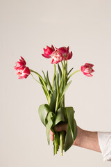 Man holding bouquet of pink tulips