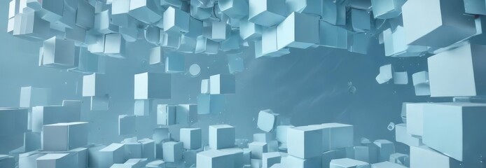 Soft sky blue abstract background with concentric circles and hexagonal boxes floating in the air, dreamy, floating, abstract background