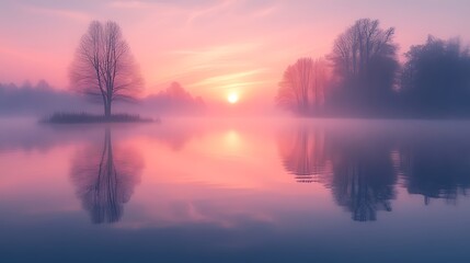 Misty sunrise over tranquil lake, trees reflecting, peaceful dawn, nature scene