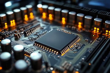 High-performance microchip on an illuminated motherboard in a futuristic tech environment