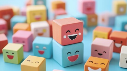 Obraz premium Joyful Colorful Blocks with Radiant Faces Conveying Emotions on a Vibrant Background