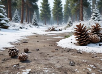 Obraz premium Snowy landscape with pine trees and pine cones on the ground , frosty, snowy_landscape, snow