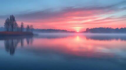 Obraz premium Pink sunrise over misty lake, trees reflected, calm water, nature scene