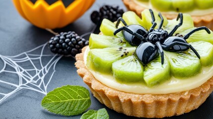 Halloween themed fruit tart with spider topping.