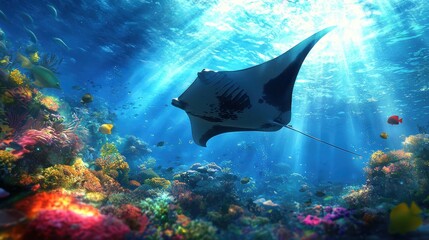 A majestic manta ray glides gracefully through vibrant coral reefs, illuminated by beams of sunlight piercing the clear blue ocean water.
