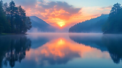 Sunrise over misty mountain lake, calm reflection, autumnal forest