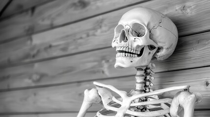 Human skeleton model against wooden background.
